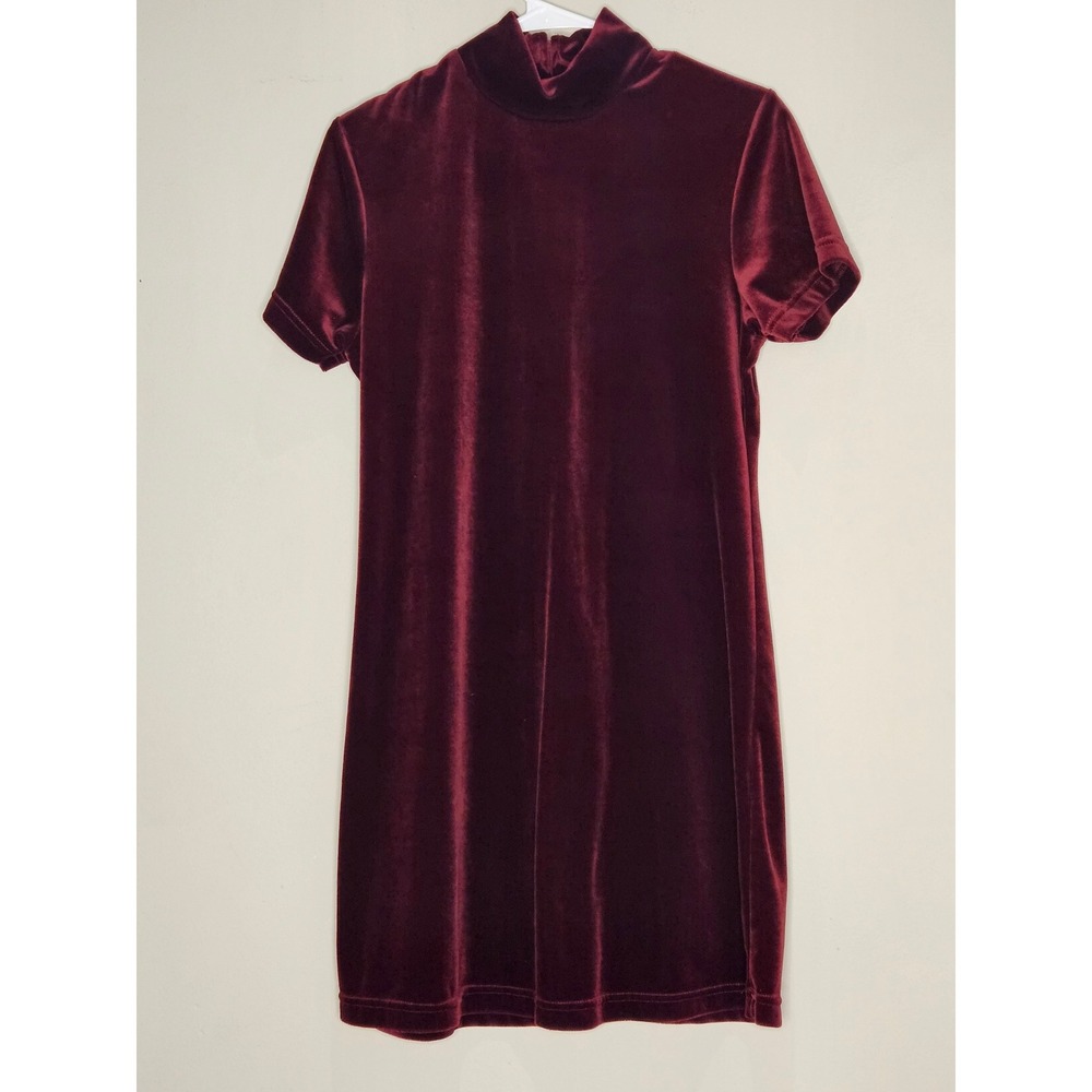 Burgundy Velvet Mock Neck Short Sleeve Mini Dress Party Romantic Whimsigoth Vamp
